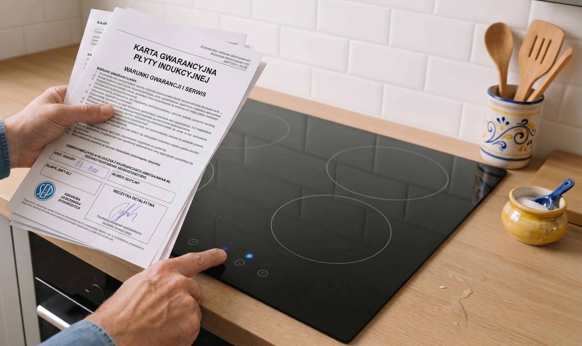 Zdjęcie przedstawia płyte indukcyjna i karte gwarancyjna produktu