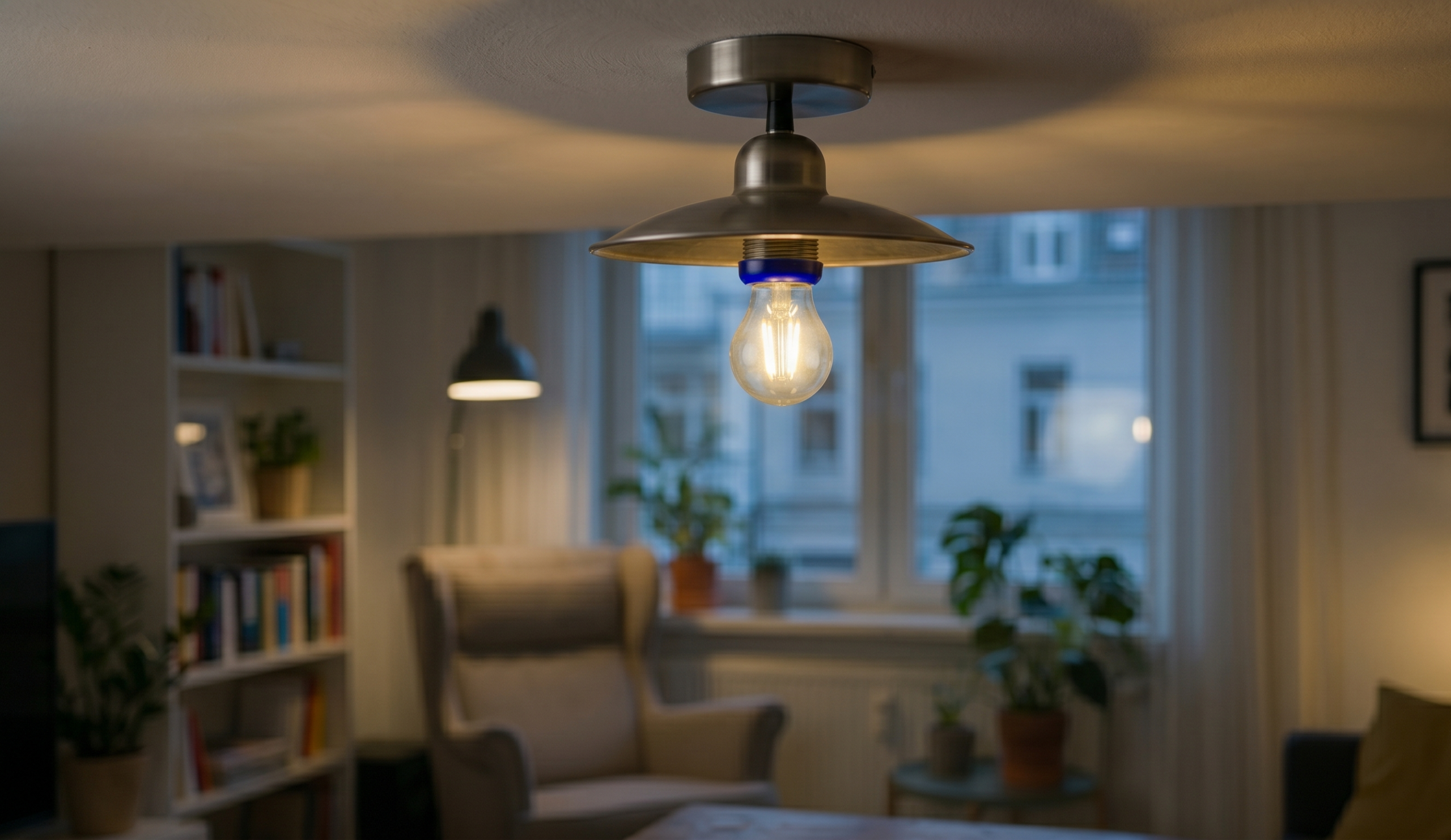 Mrugająca żarówka LED w metalowej lampie sufitowej na tle domowego salonu.