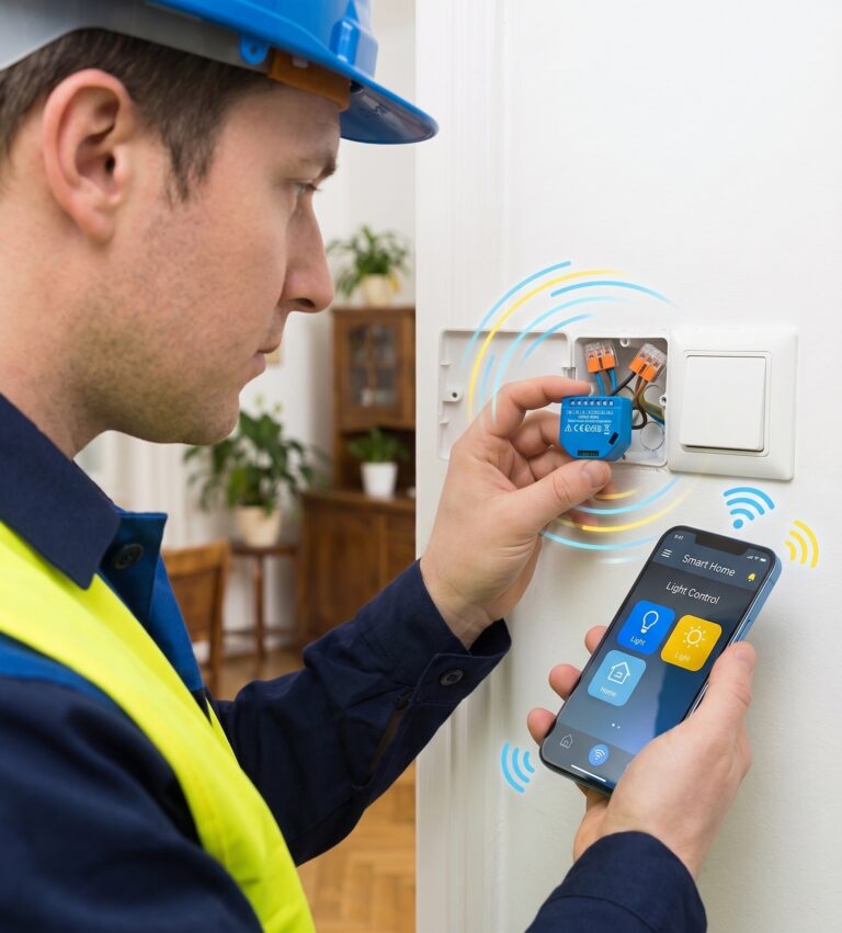 Zbliżenie na elektryka w niebieskim mundurze, kasku i żółtej kamizelce odblaskowej, który instaluje mały niebieski przekaźnik smart home do puszki elektrycznej w ścianie. Jednocześnie trzyma w lewej ręce smartfon z uruchomioną polskojęzyczną aplikacją "Dom Mój" (Mój Dom). Od zainstalowanego przekaźnika i smartfona rozchodzą się stylizowane fale sygnału bezprzewodowego. Na ekranie telefonu widoczne są ikony: żarówka z literą "A" (Światło), słońce (Sceny), dom i profil użytkownika. W tle widać fragment salonu z drewnianą szafką i rośliną doniczkową.